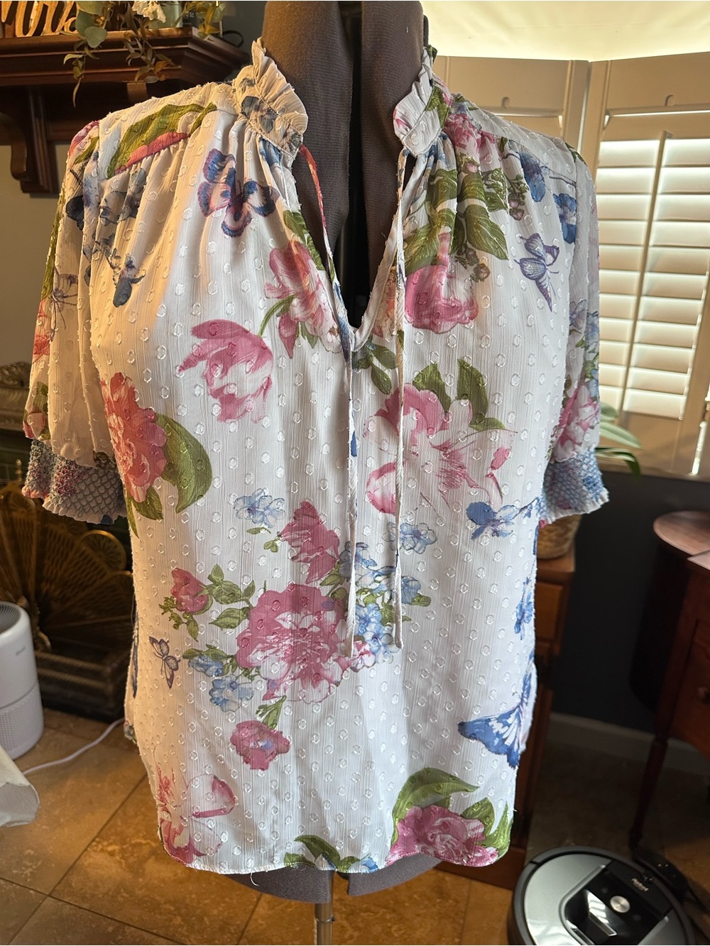Women’s blouse floral with butterflies and white polka dots